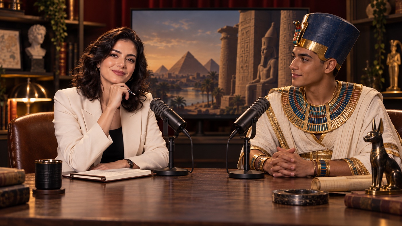 Kurgusal sunucu Defne Arman ve Tutankhamun ile görsel söyleşi sahnesi