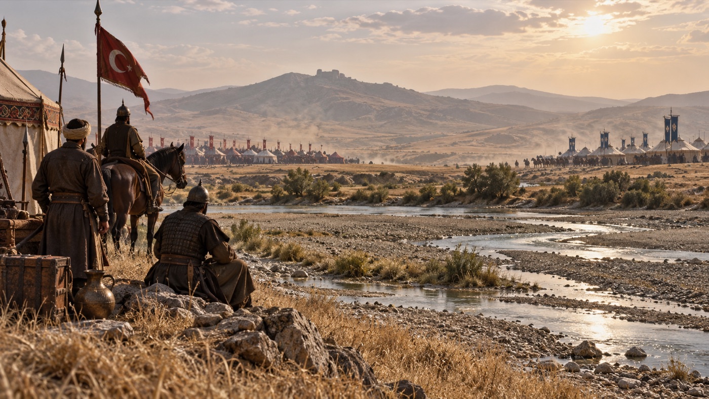Çubuk Ovası'nda kurak arazi ve uzaktaki tarihî ordugâhların temsili canlandırması