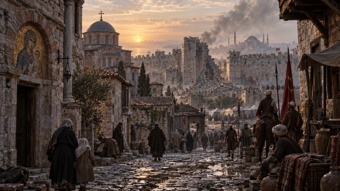 1453 sonrasında Konstantinopolis sokağı ve surlarının temsili canlandırması