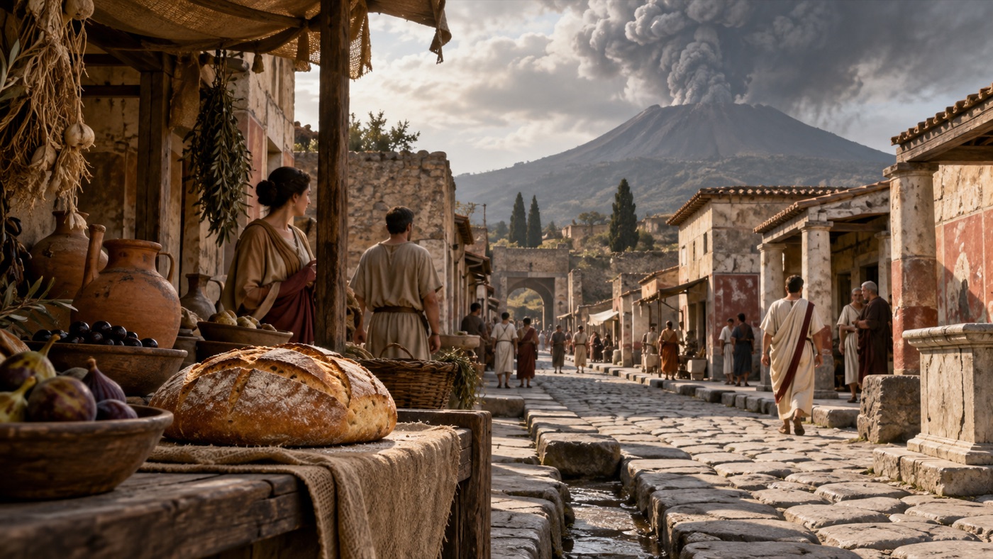 Vezüv'ün gölgesindeki Pompeii pazar sokağının temsili canlandırması