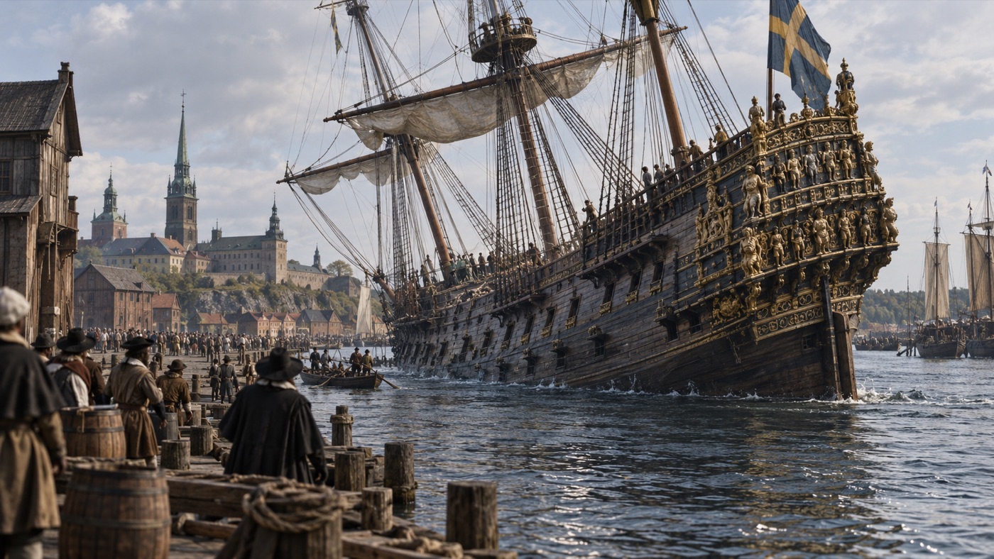 1628 Stockholm limanında yana yatan Vasa savaş gemisinin temsili canlandırması