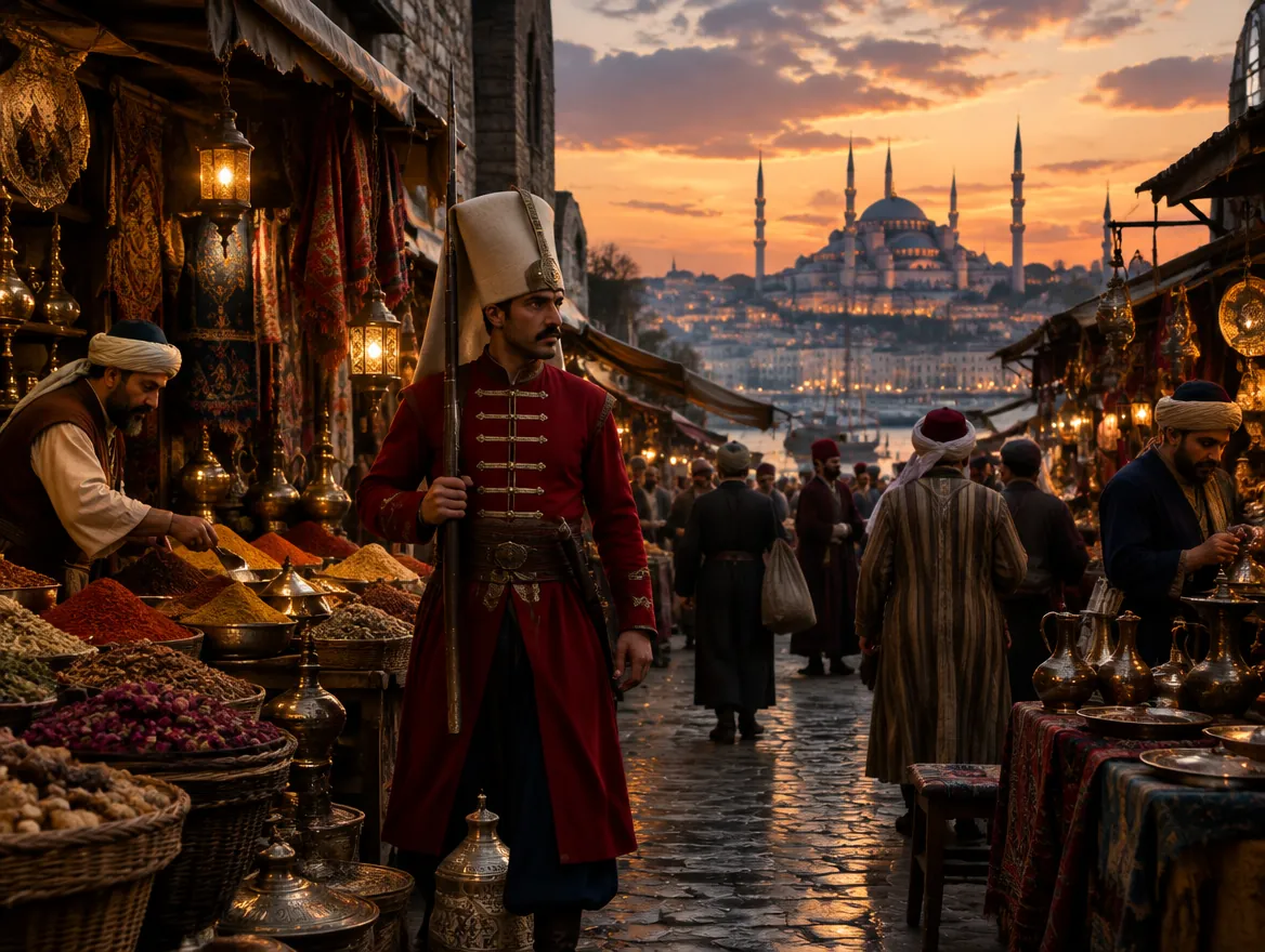 16. yüzyıl İstanbul çarşısında akşam ışığında tezgâhlar